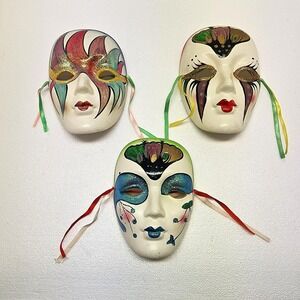 Vintage Hand-Painted Venetian Style Ceramic Wall Masks–Set of 3–Glitter‎ Accents